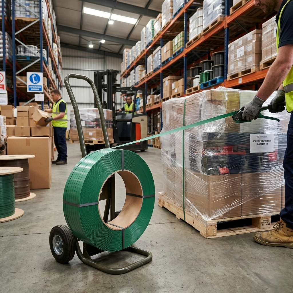 LastWerk PET Strapping 19 mm × 0.9 mm, 1200 m, Green Embossed Roll, High Tensile Strength, Weather and UV Resistant, Heavy-Duty Pallet Strap for Transport, Bundling and Storage