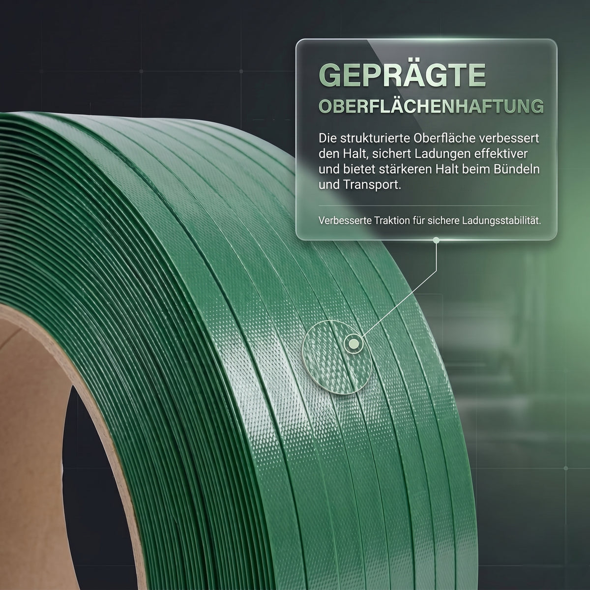 LastWerk PET Strapping 19 mm × 0.9 mm, 1200 m, Green Embossed Roll, High Tensile Strength, Weather and UV Resistant, Heavy-Duty Pallet Strap for Transport, Bundling and Storage