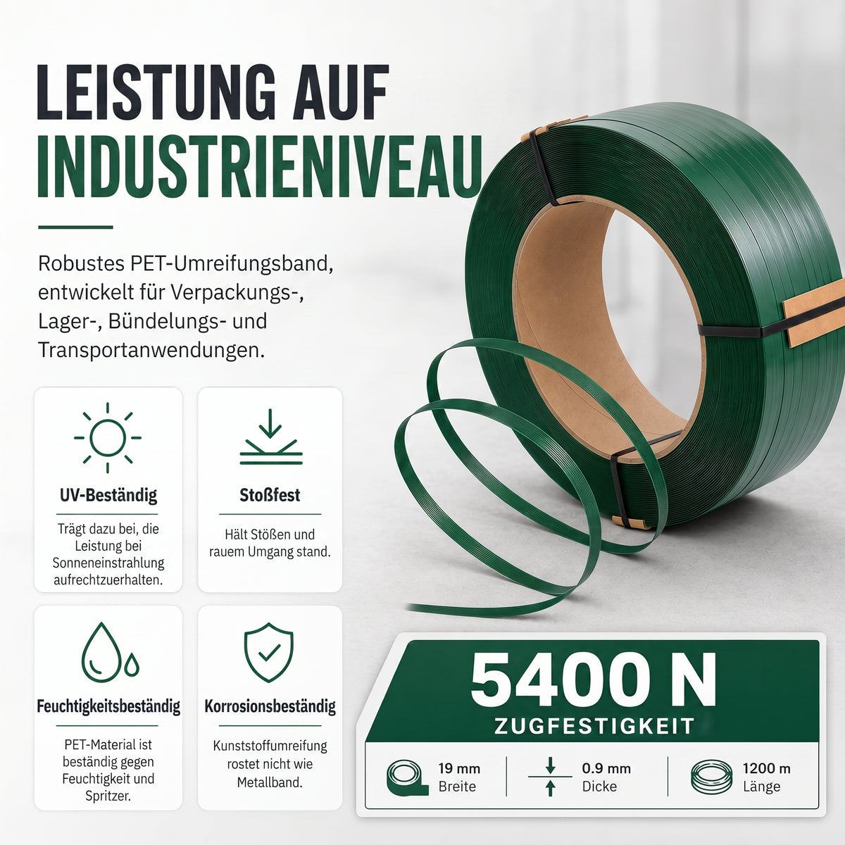 LastWerk PET Strapping 19 mm × 0.9 mm, 1200 m, Green Embossed Roll, High Tensile Strength, Weather and UV Resistant, Heavy-Duty Pallet Strap for Transport, Bundling and Storage