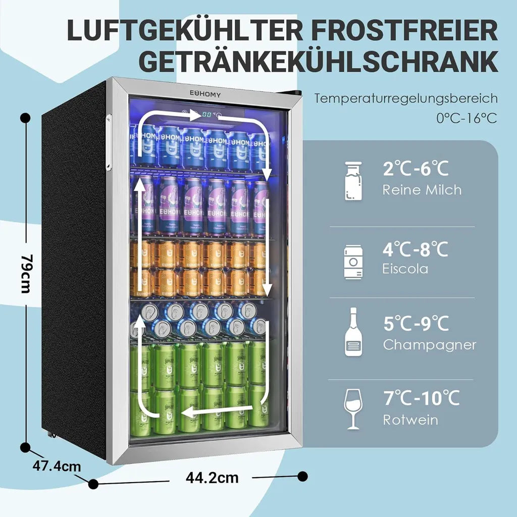 EUHOMY 90 L Drinks Fridge, Mini Fridge for 126 Cans with Glass Door and Adjustable Shelves for Soft Drinks, Beer or Wine
