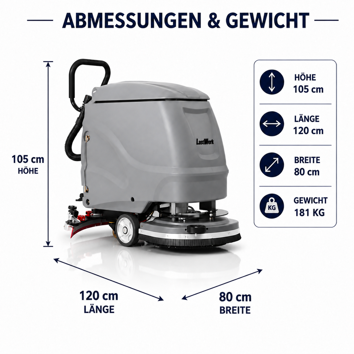 LastWerk HydroMax X2 Scrubber Dryer, 3-in-1 Scrubbing, Cleaning and Vacuuming, 55 L Clean Water and 60 L Recovery Tanks, 24 V/103 Ah Battery, 550 W Brush and Vacuum Motors, up to 3,000 m²/h, Grey