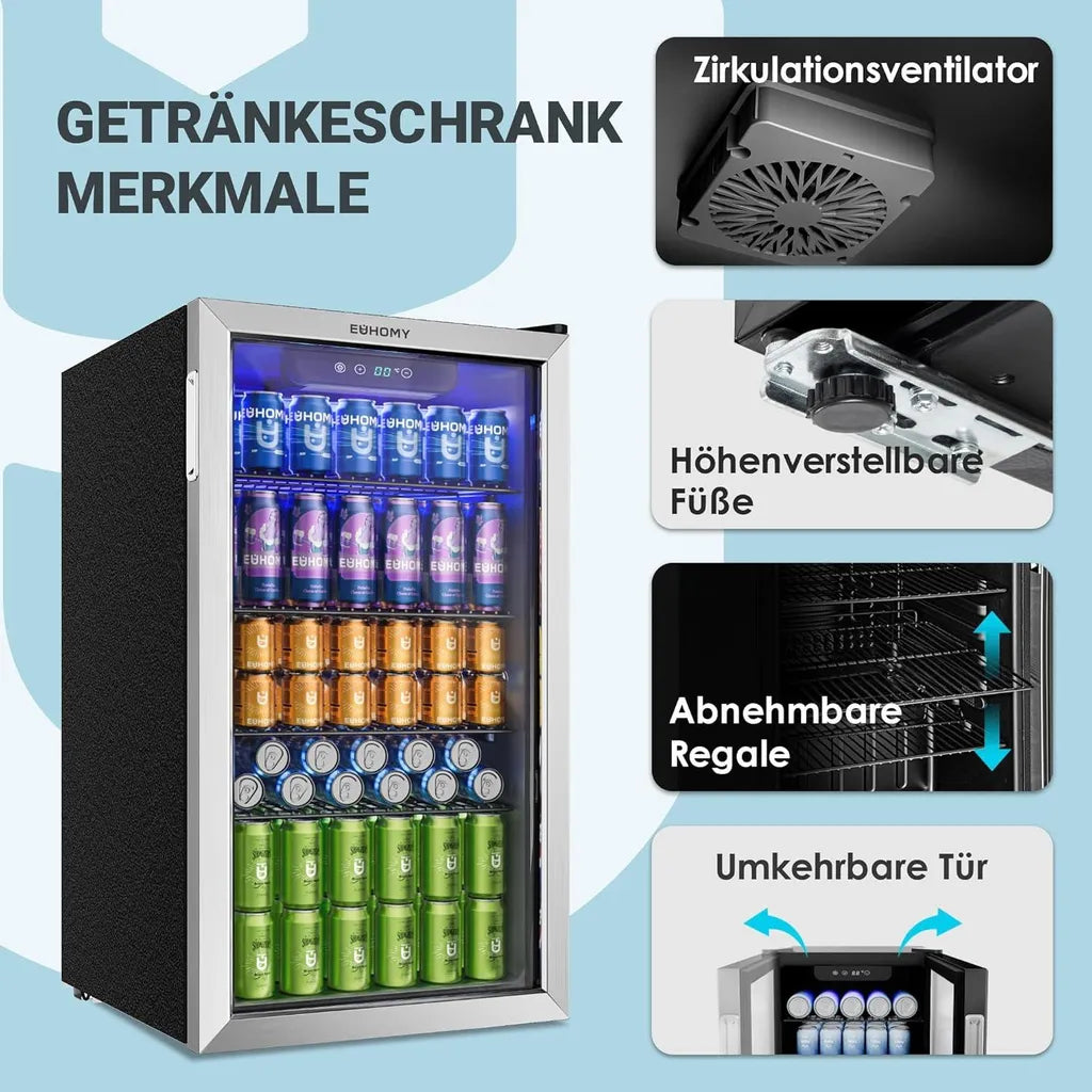 EUHOMY 90 L Drinks Fridge, Mini Fridge for 126 Cans with Glass Door and Adjustable Shelves for Soft Drinks, Beer or Wine