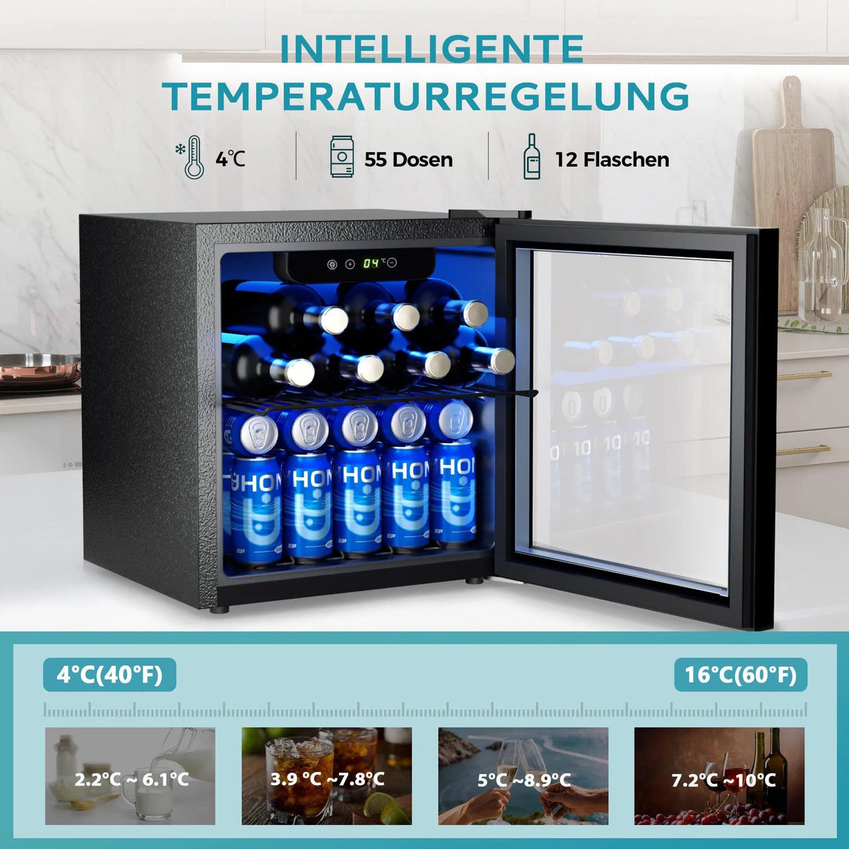 EUHOMY 36 L Drinks Fridge, Mini Fridge with Glass Door, Countertop Beer Cooler for 55 Cans, Black Freestanding Fridge
