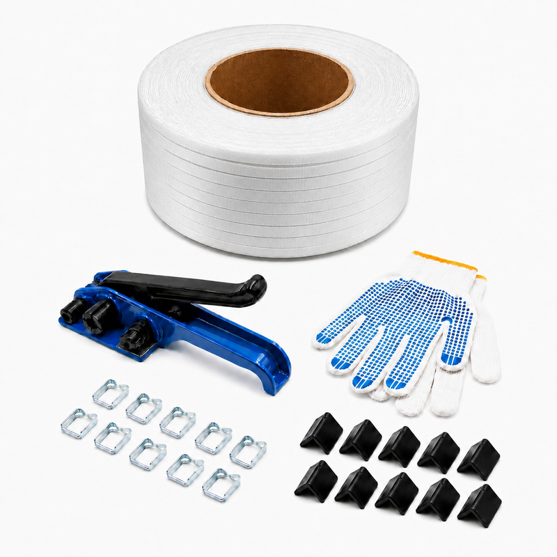 LastWerk Packaging Tool Set, Manual Polyester Strapping Set with Metal/Plastic Tensioner, 850 m Strap, 500 Steel Buckles, 100 Edge Protectors and Gloves, 15 kg