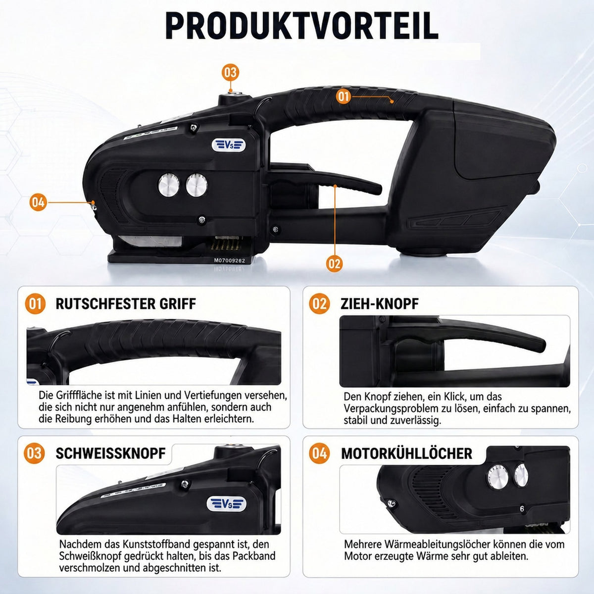 LastWerk V3 Battery Strapping Tool for 13 to 16 mm PP/PET Straps, Fully Automatic, 600 to 3,200 N Tension, 14.4 V 4000 mAh Battery, for Cartons, Pallets and Packaging