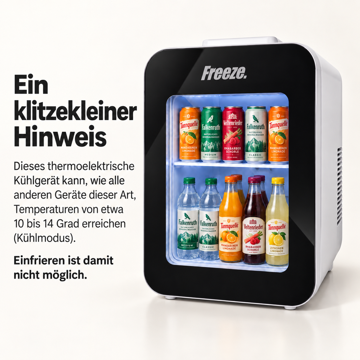 Freeze twentyBW Mini-Kühlschrank 20L, thermoelektrische Kühlbox mit Kühl- & Warmhaltefunktion, 12V DC/220-240V AC, Sichtfenster, Tragegriff, Ablage, weiß/schwarz, für Auto, Büro, Camping
