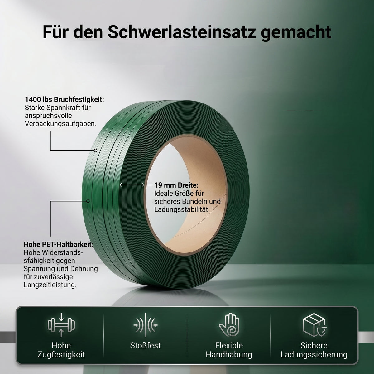 Fleje PET de 19 mm x 0,9 mm, 1200 m de LastWerk, rollo verde con superficie gofrada, alta resistencia a la tracción, resistente a la intemperie y a los rayos UV, fleje para palés de carga pesada para transporte, agrupación y almacenamiento
