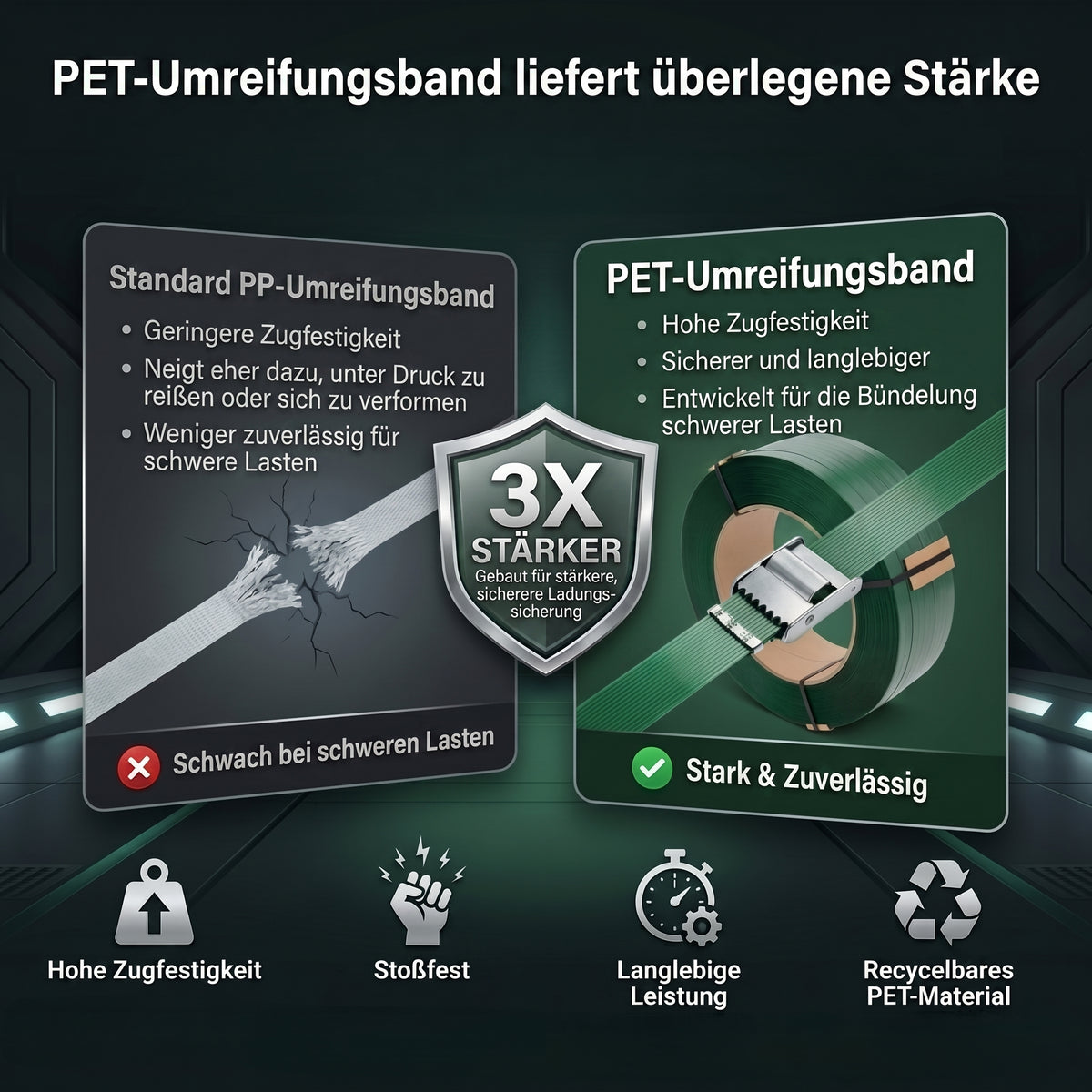 Fleje PET de 19 mm x 0,9 mm, 1200 m de LastWerk, rollo verde con superficie gofrada, alta resistencia a la tracción, resistente a la intemperie y a los rayos UV, fleje para palés de carga pesada para transporte, agrupación y almacenamiento