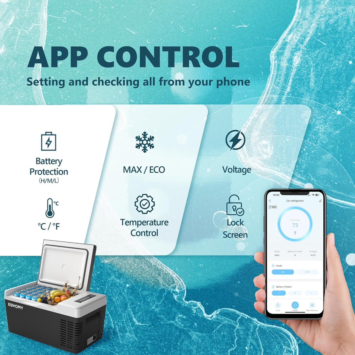 EUHOMY 18 L Compressor Cool Box (Minus 20 to Plus 20 °C) | 15-Minute Rapid Cooling | App Control | 12/24 V DC and 240 V AC | 3-Level Battery Protection | ECO/MAX Modes | <42 dB Compressor for Camping, Travel and Boats