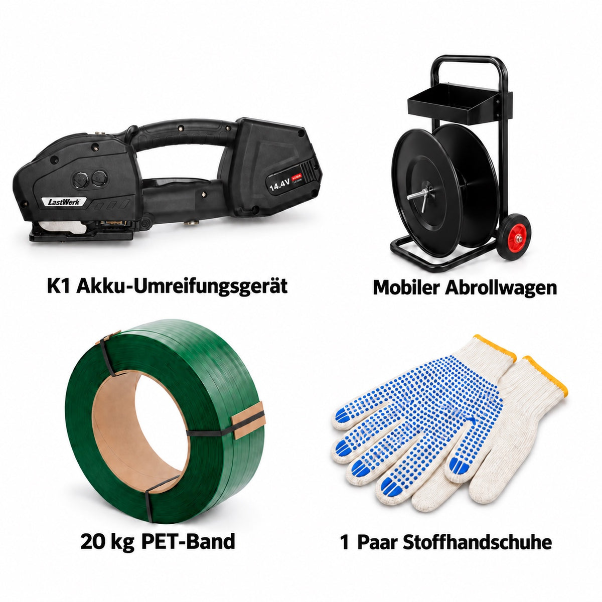 LastWerk K1 Akku-Umreifungsset mit Abrollwagen, 20 kg PET-Band und Handschuhen – Komplettset für Lager, Versand und Paletten