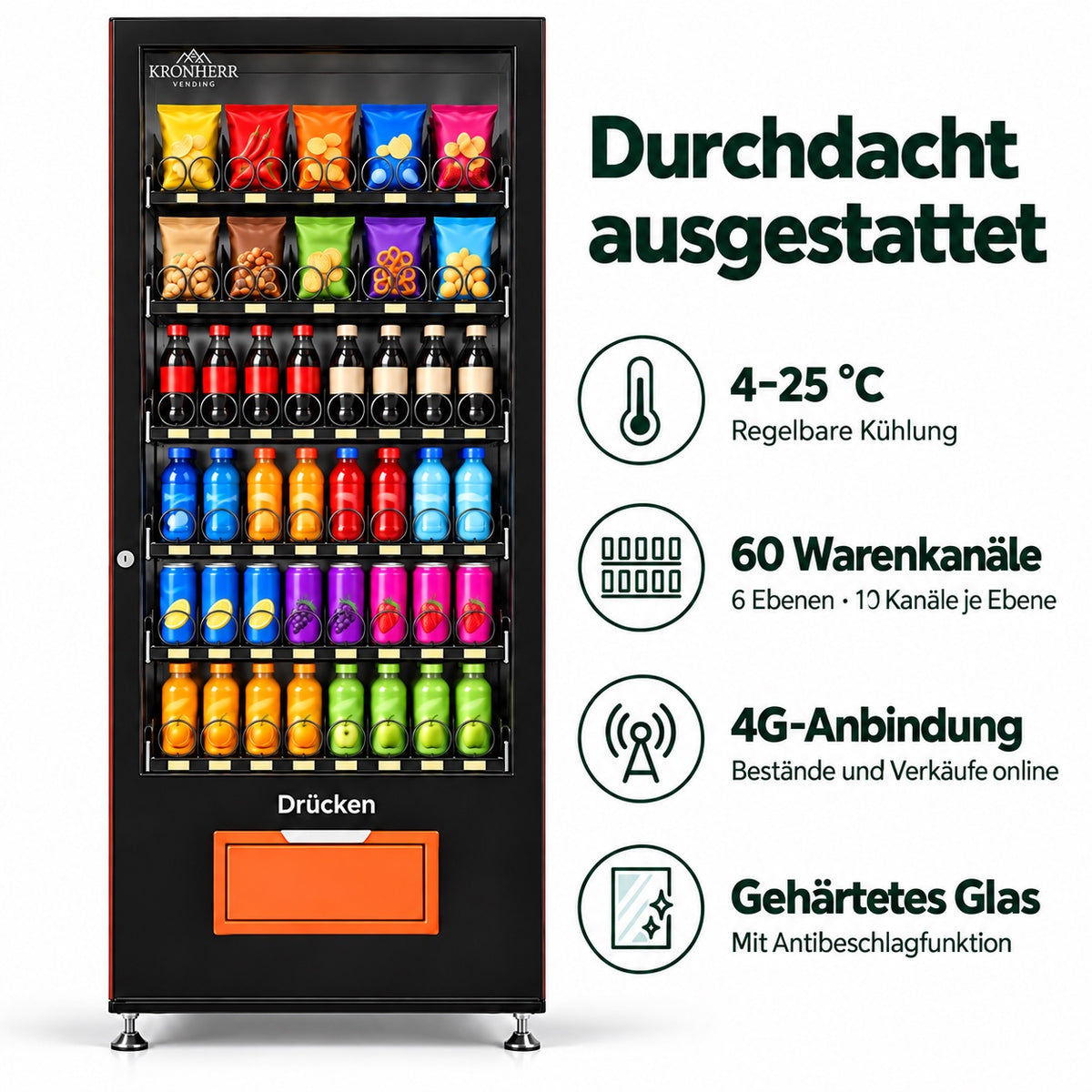 KRONHERR VENDING AF-10N(H5) Verkaufsautomat mit Kühlung, 60 Warenkanälen, 5-Zoll-Display und 4G
