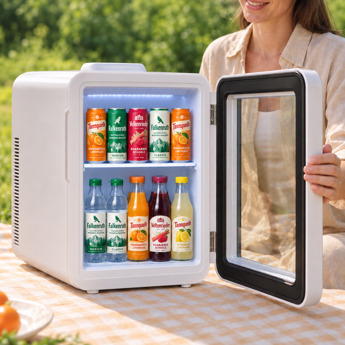 Freeze twentyBW Mini-Kühlschrank 20L, thermoelektrische Kühlbox mit Kühl- & Warmhaltefunktion, 12V DC/220-240V AC, Sichtfenster, Tragegriff, Ablage, weiß/schwarz, für Auto, Büro, Camping