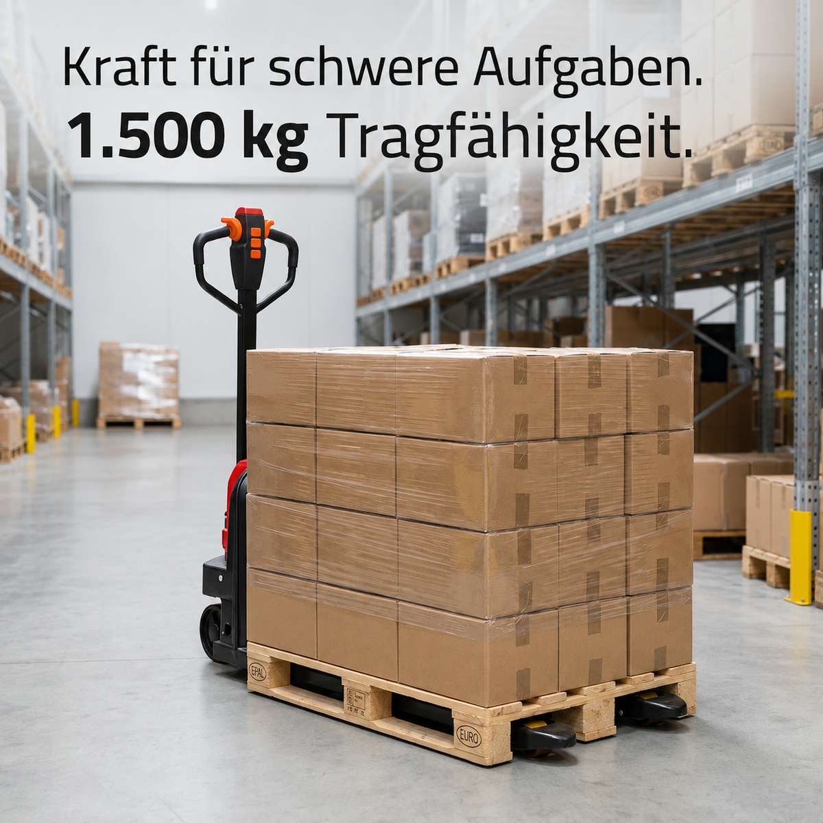LastWerk HELI One E2 Electric Low-Lift Pallet Truck, 1500 kg with Electric Travel and Lift, 550 mm Fork Width, 24 V 20 Ah Li-Ion Battery