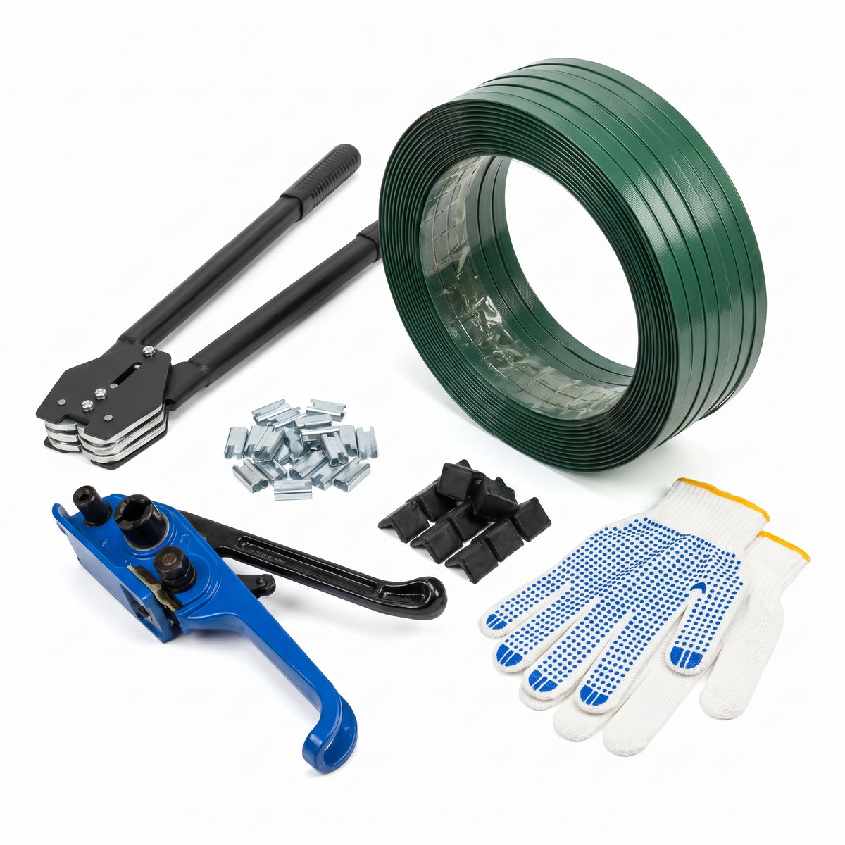 LastWerk PET Strapping Set with Tensioner, Sealer, 400 m Green Strap, 200 Metal Seals, 30 Edge Protectors and Gloves for Pallets, Cartons, Shipping, Storage and Transport