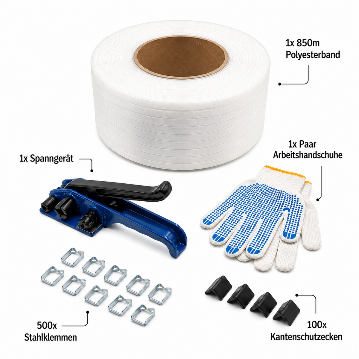 Set d'outils d'emballage LastWerk, set de cerclage manuel en polyester avec tendeur (métal/plastique), 1x 850 m de feuillard, 500 agrafes en acier, 100 protège-arêtes, gants, 15 kg