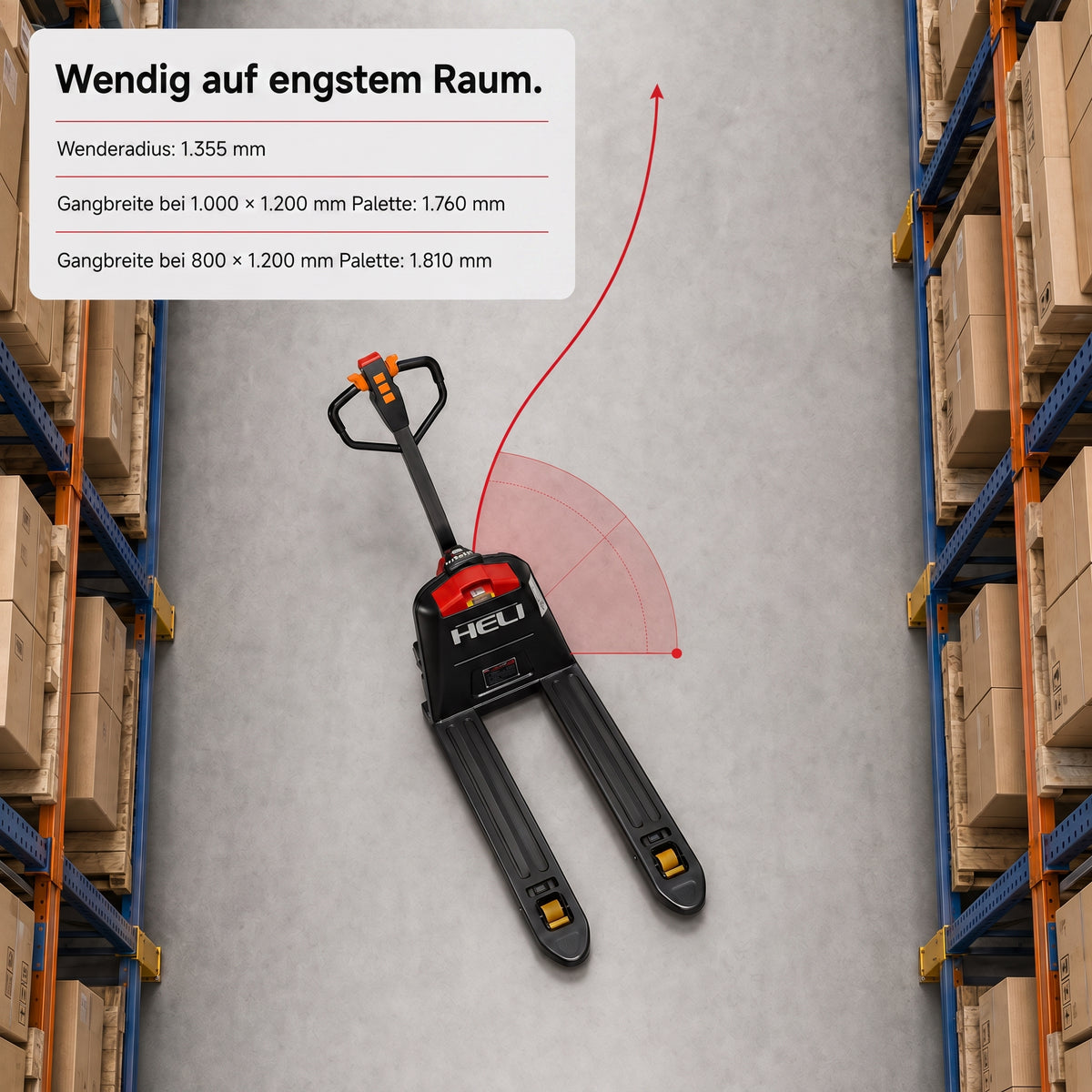 LastWerk HELI One E2 Electric Low-Lift Pallet Truck, 1500 kg with Electric Travel and Lift, 550 mm Fork Width, 24 V 20 Ah Li-Ion Battery
