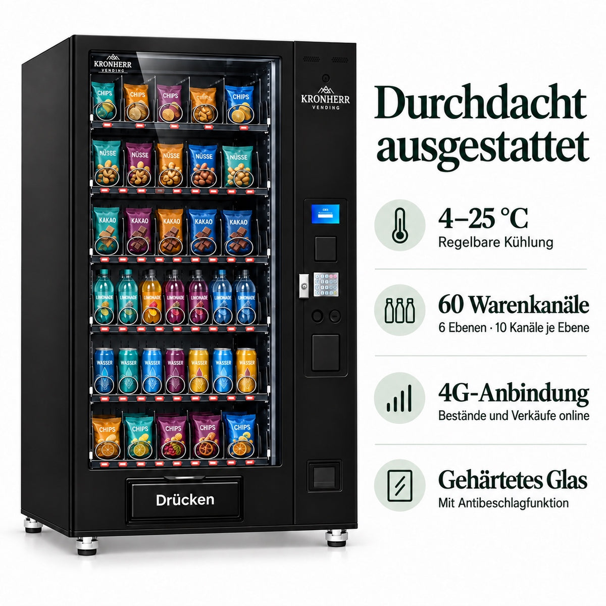 KRONHERR VENDING AF-60C(H5) Verkaufsautomat mit Kühlung, 60 Warenkanälen, 5-Zoll-Touchscreen und 4G