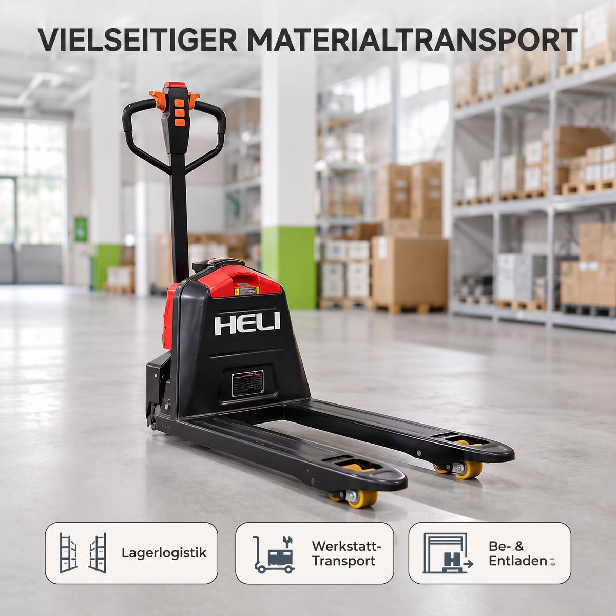 LastWerk HELI One E2 Electric Low-Lift Pallet Truck, 1500 kg with Electric Travel and Lift, 550 mm Fork Width, 24 V 20 Ah Li-Ion Battery