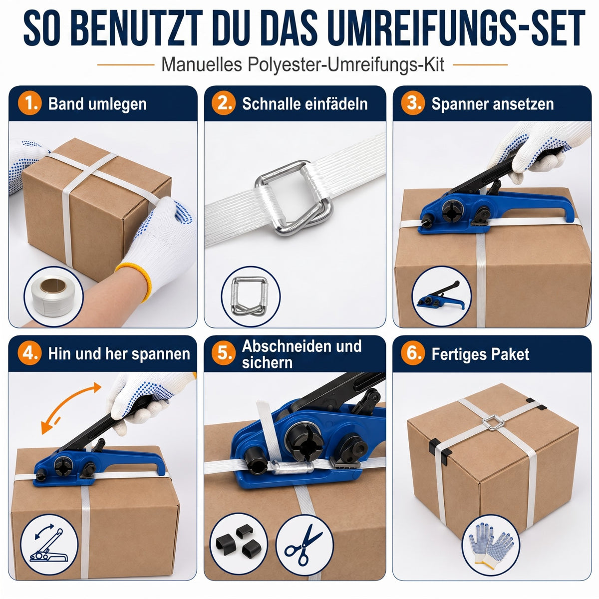 LastWerk Textil-Umreifungsset 16 mm komplett mit Abroller, Bandspanner, 850 m Polyesterband, 500 Klemmen, 100 Kantenschutzecken & Handschuhen – Für Paletten, Versand & Lager