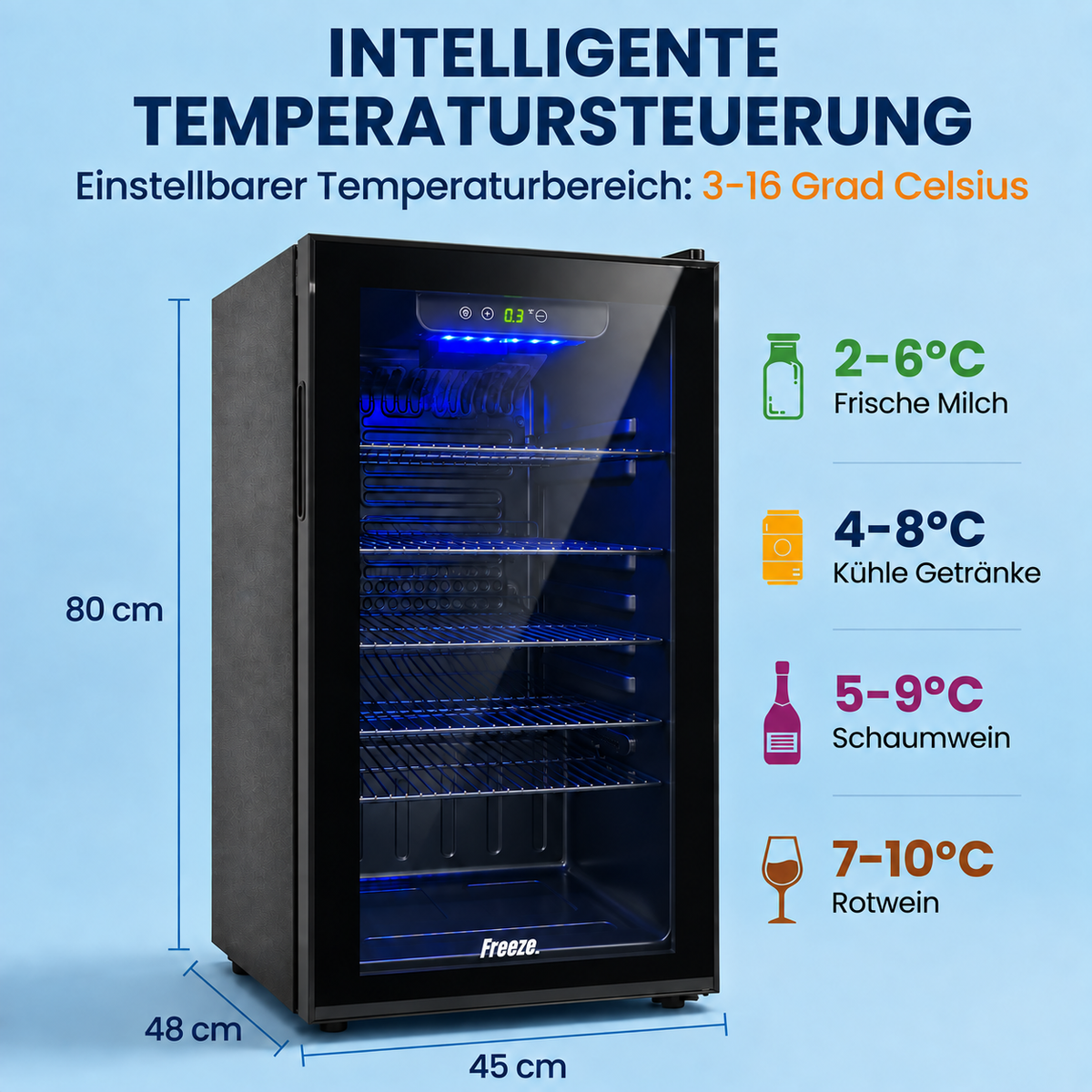 Freeze. 90L Getränkekühlschrank, Mini-Kühlschrank für 126 Dosen, Glastürkühlschrank, Weinkühler, kleiner Kühlschrank mit Glastür und verstellbaren Regalen für Zuhause/Bar/Büro, frostfrei, Schwarz