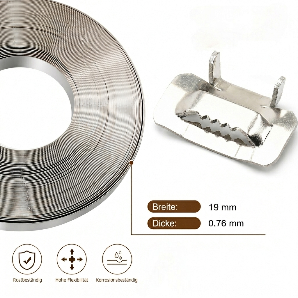 Set de flejado de acero LastWerk con herramienta tensadora, 30 m de fleje de 19 x 0,76 mm, 30 hebillas, tensor de acero con palanca de corte para tubos de climatización, cables, señales y montaje de palés