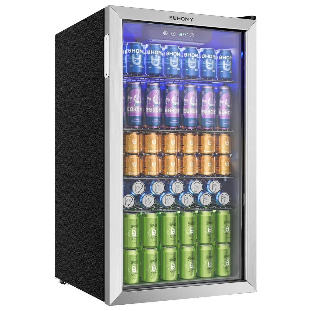 EUHOMY 90 L Drinks Fridge, Mini Fridge for 126 Cans with Glass Door and Adjustable Shelves for Soft Drinks, Beer or Wine