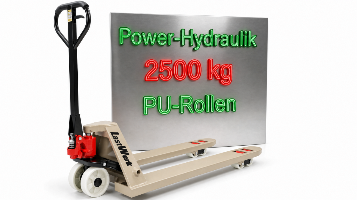 Transpaleta LastWerk One de 2.500 kg y 1.150 mm de longitud de horquillas, transpaleta manual para palés, carretilla elevadora manual de acero