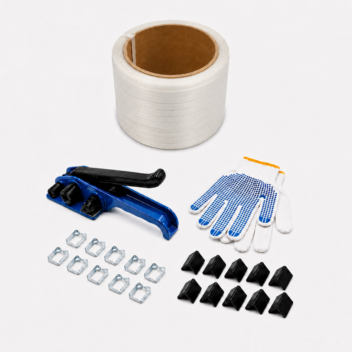 LastWerk Textile Strapping Set, 200 m Polyester Strap, 16 mm Wide, Steel Tensioning Tool, 100 Wire Buckles, 30 Edge Protectors and Gloves