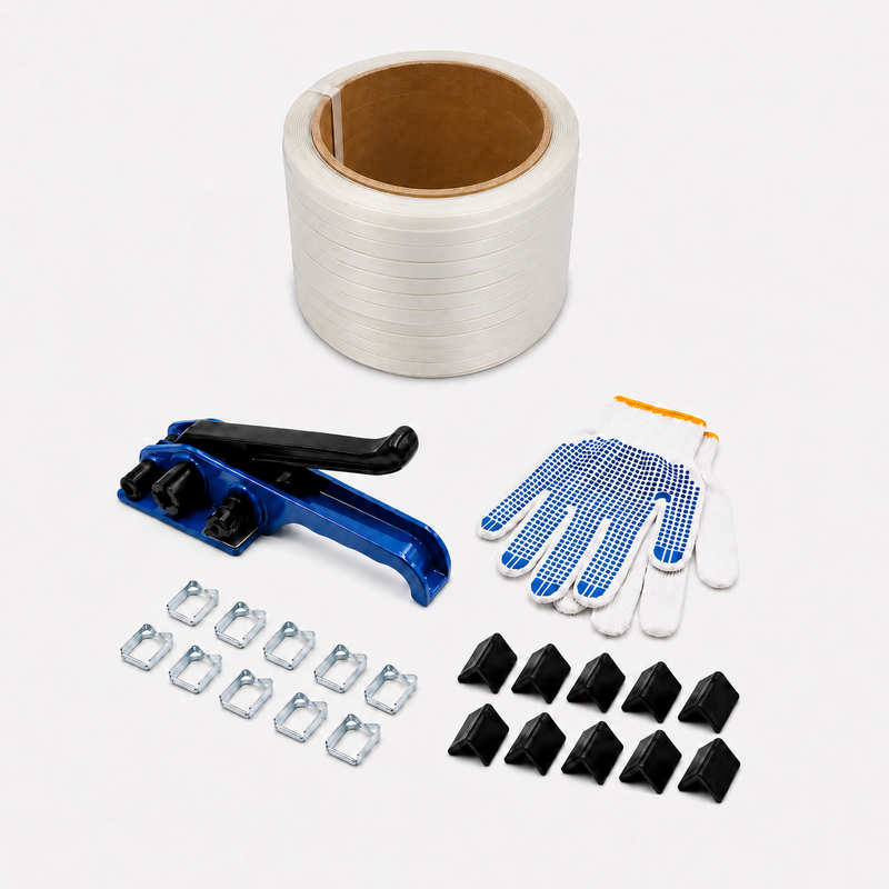 LastWerk Textile Strapping Set, 200 m Polyester Strap, 16 mm Wide, Steel Tensioning Tool, 100 Wire Buckles, 30 Edge Protectors and Gloves