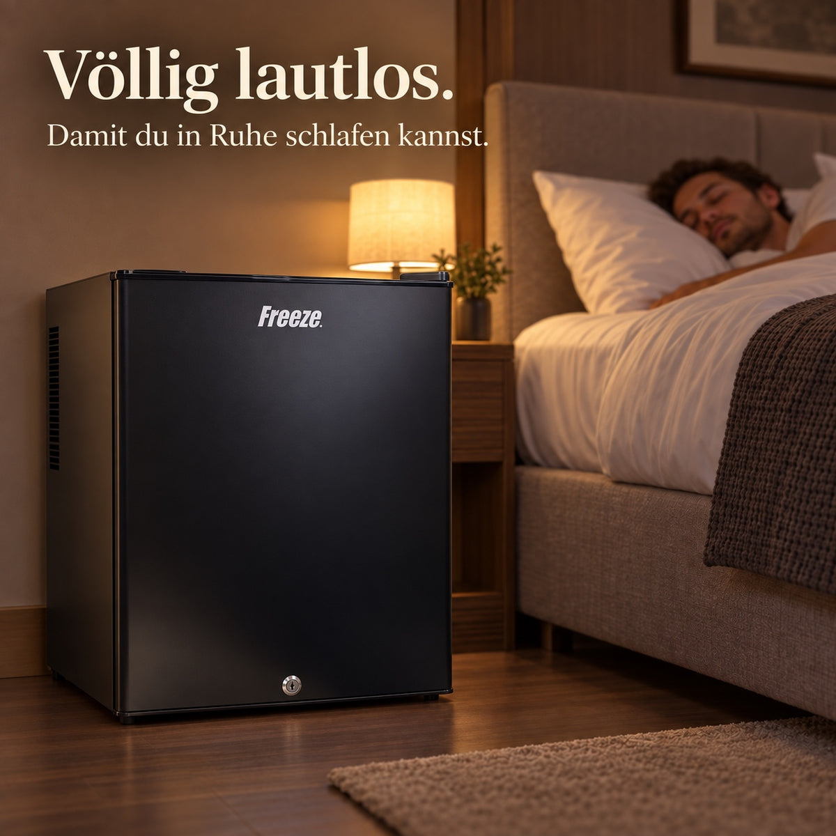 Freeze. FortySB mini fridge 40 l, completely silent, lockable minibar with solid door, blue interior lighting, EasySwitch thermostat, 2 glass shelves and 2 door compartments, Black