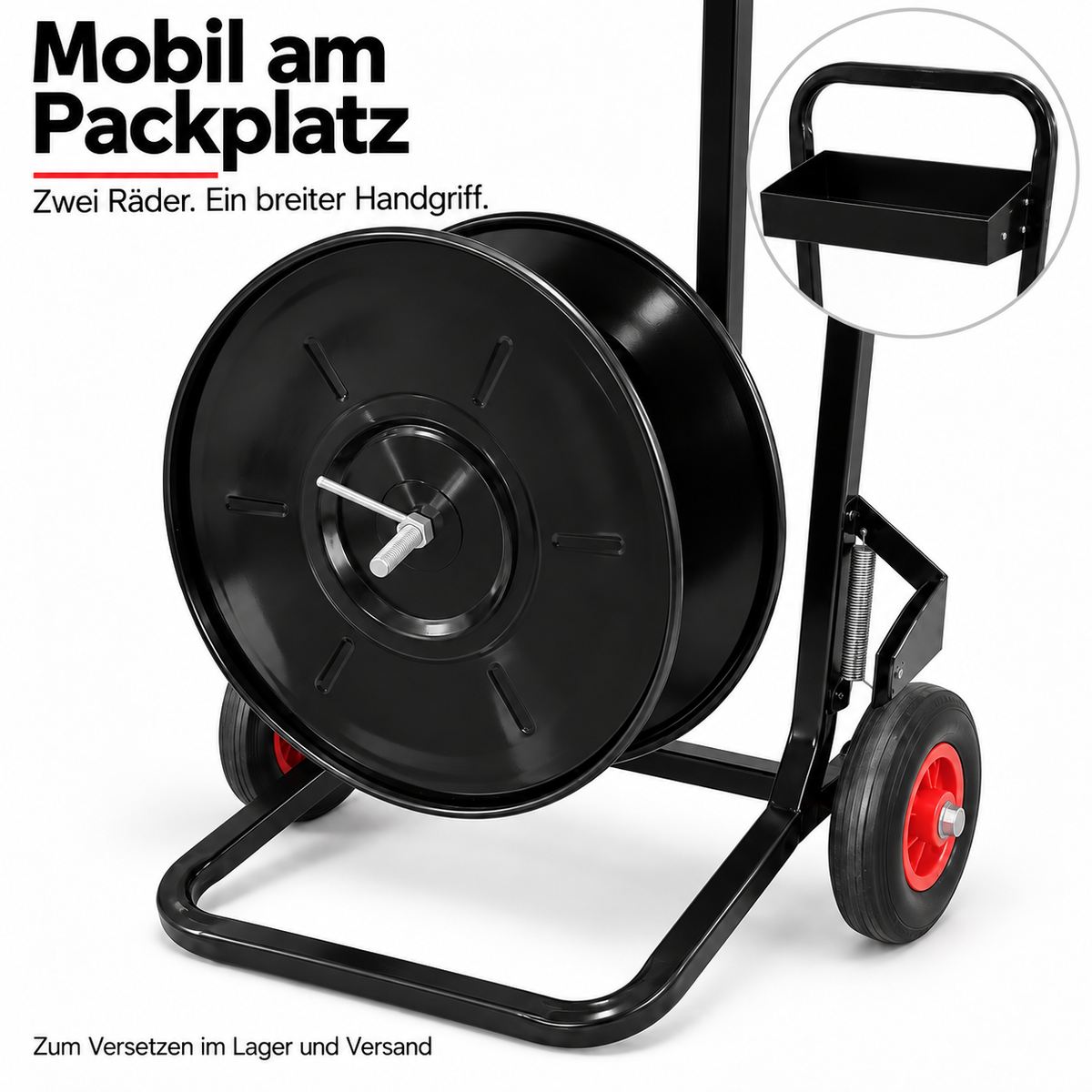 LastWerk Abrollwagen für Umreifungsband, 203 mm Kern, Bandabroller mit Bandbremse, Ablagekasten und Rädern für Lager, Versand und Werkstatt