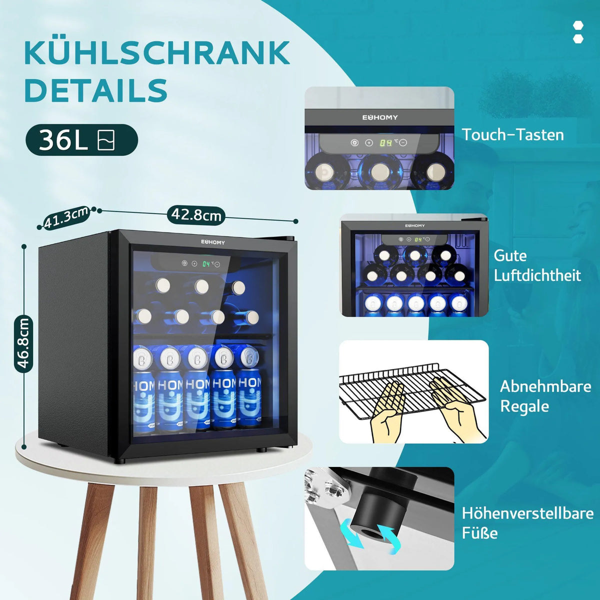 EUHOMY 36 L Drinks Fridge, Mini Fridge with Glass Door, Countertop Beer Cooler for 55 Cans, Black Freestanding Fridge