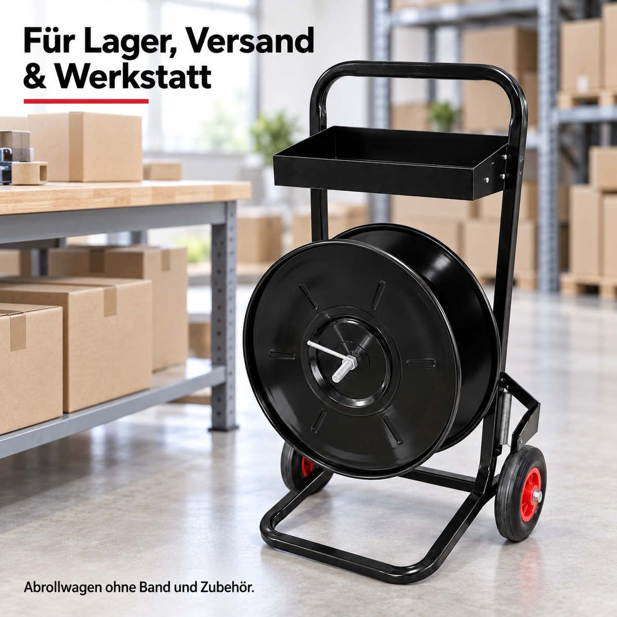 LastWerk Abrollwagen für Umreifungsband, 203 mm Kern, Bandabroller mit Bandbremse, Ablagekasten und Rädern für Lager, Versand und Werkstatt