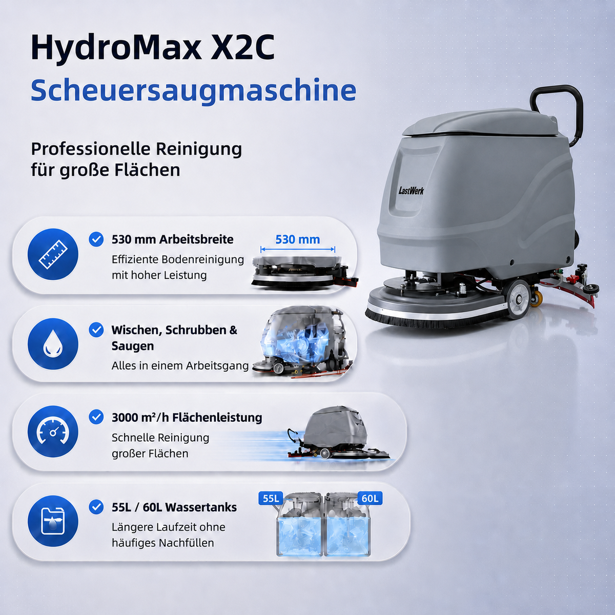 LastWerk HydroMax X2C Corded Scrubber Dryer, 3-in-1 Scrubbing, Cleaning and Vacuuming, 55 L Clean Water and 60 L Recovery Tanks, 8 m Cable, 550 W Brush and Vacuum Motors, up to 3,000 m²/h, Grey