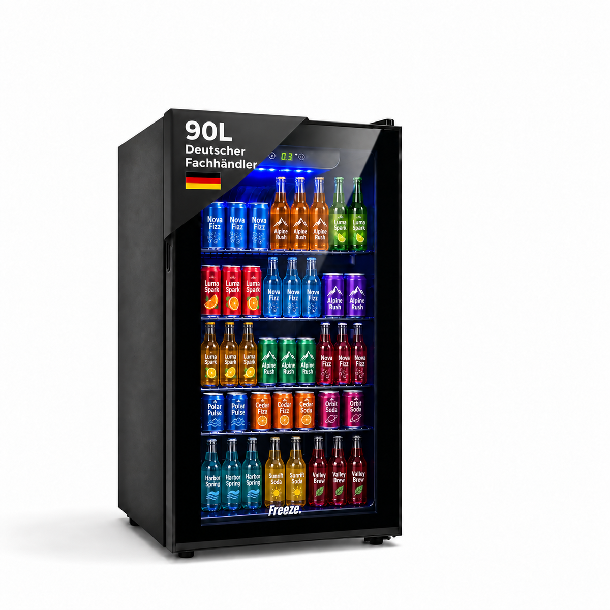 Freeze. 90L Getränkekühlschrank, Mini-Kühlschrank für 126 Dosen, Glastürkühlschrank, Weinkühler, kleiner Kühlschrank mit Glastür und verstellbaren Regalen für Zuhause/Bar/Büro, frostfrei, Schwarz