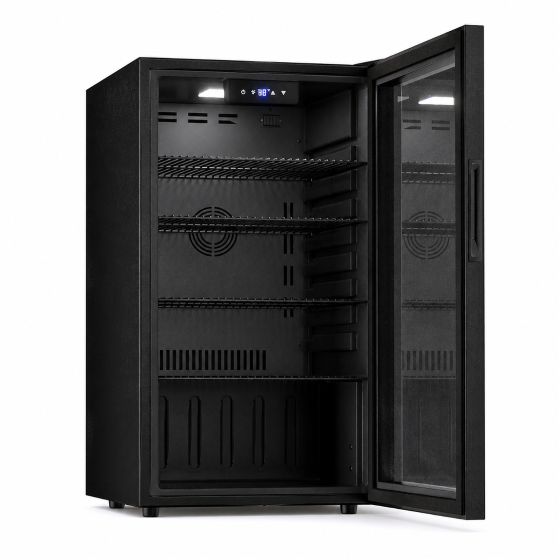 Freeze ninety B+ Getränkekühlschrank 86 L, schwarzer Mini Kühlschrank mit Glastür, Energieklasse B, 4–18 °C Digitalsteuerung, 126 Dosen, 4 herausnehmbare Regale, 42 dB, UV-Doppelglas