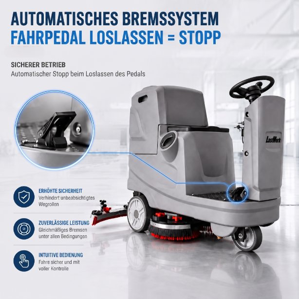 LastWerk HydroMax X5 Aufsitz-Scheuersaugmaschine 3-in-1 Schrubben & Absaugen, 85L/90L Tank, 24V 103Ah Akku, 2×380W Bürstenmotoren, 500W Saugmotor, 5900m²/h, Grau