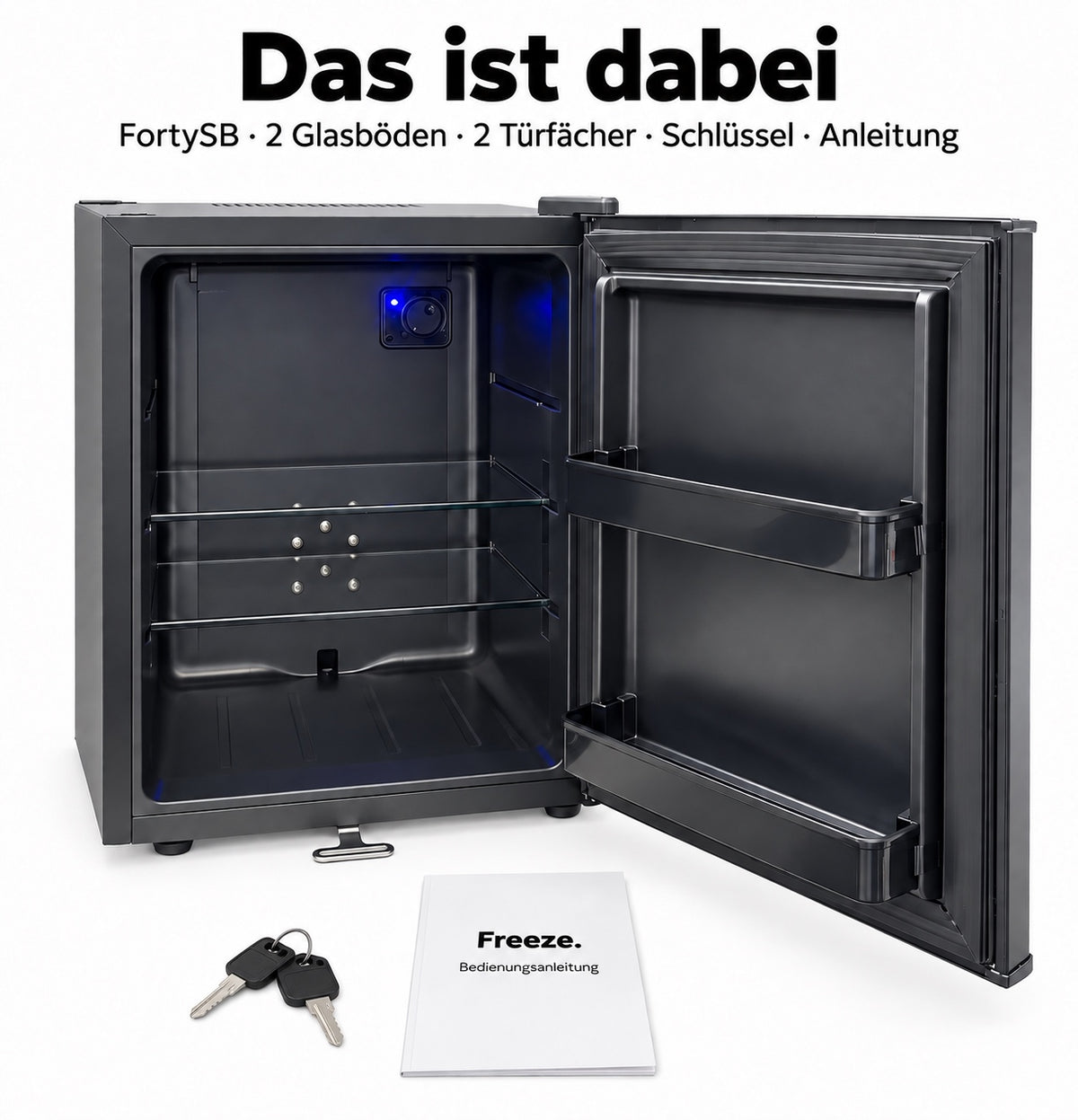 Freeze. FortySB mini fridge 40 l, completely silent, lockable minibar with solid door, blue interior lighting, EasySwitch thermostat, 2 glass shelves and 2 door compartments, Black