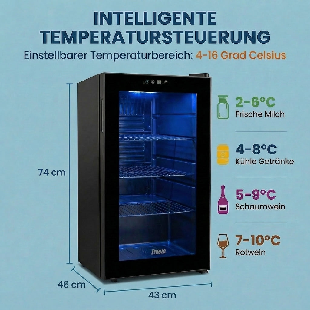 Freeze. seventyB Weinkühlschrank 68 L mit Glastür, verstellbaren Regalen, Schwarz