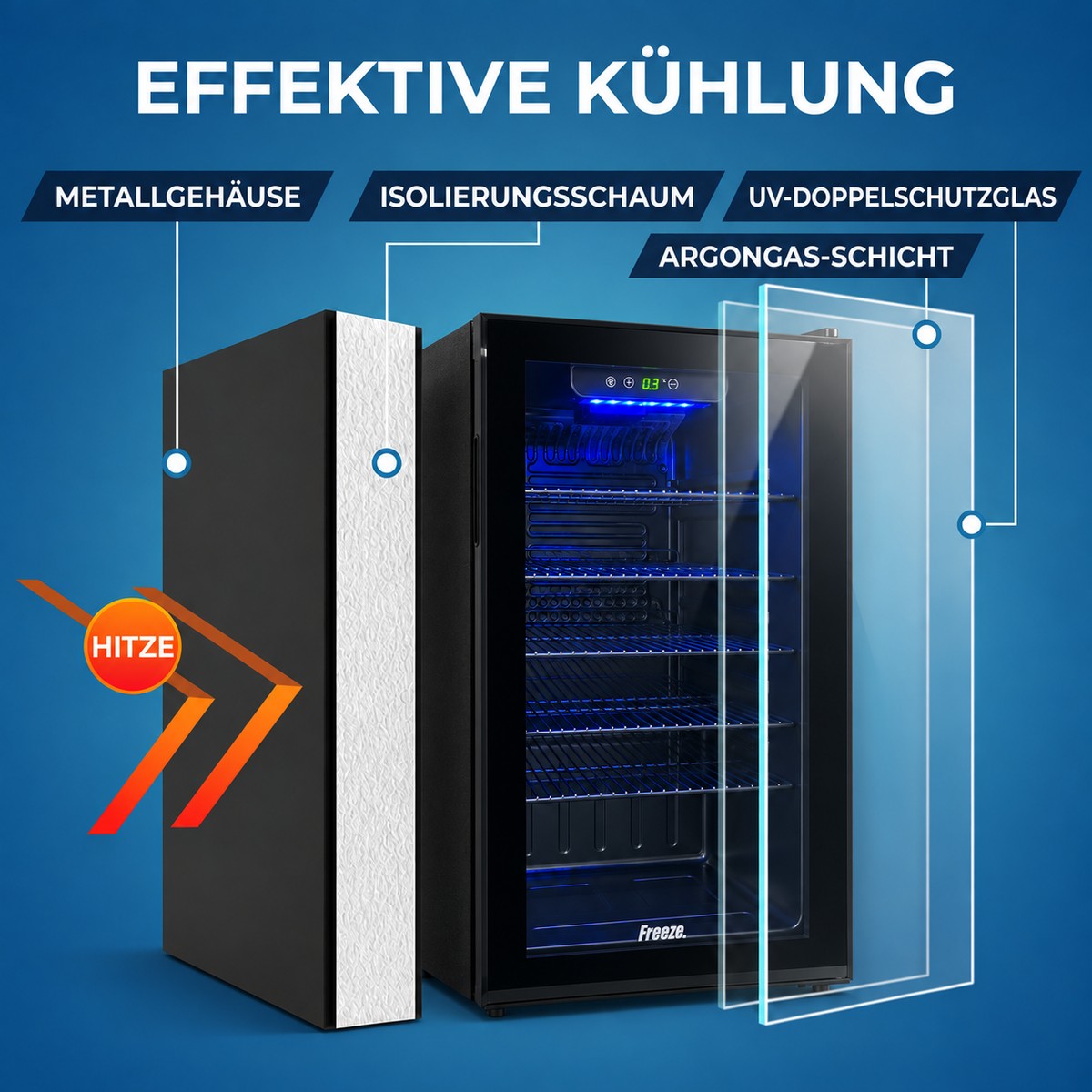 Freeze. 90L Getränkekühlschrank, Mini-Kühlschrank für 126 Dosen, Glastürkühlschrank, Weinkühler, kleiner Kühlschrank mit Glastür und verstellbaren Regalen für Zuhause/Bar/Büro, frostfrei, Schwarz