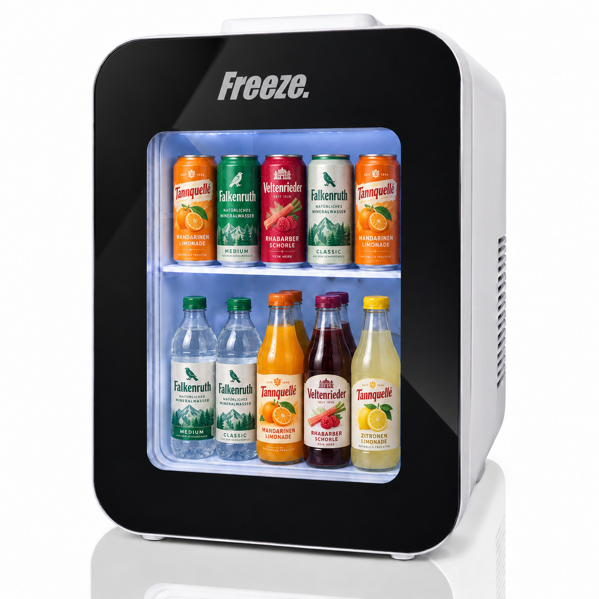 Freeze twentyBW Mini-Kühlschrank 20L, thermoelektrische Kühlbox mit Kühl- & Warmhaltefunktion, 12V DC/220-240V AC, Sichtfenster, Tragegriff, Ablage, weiß/schwarz, für Auto, Büro, Camping