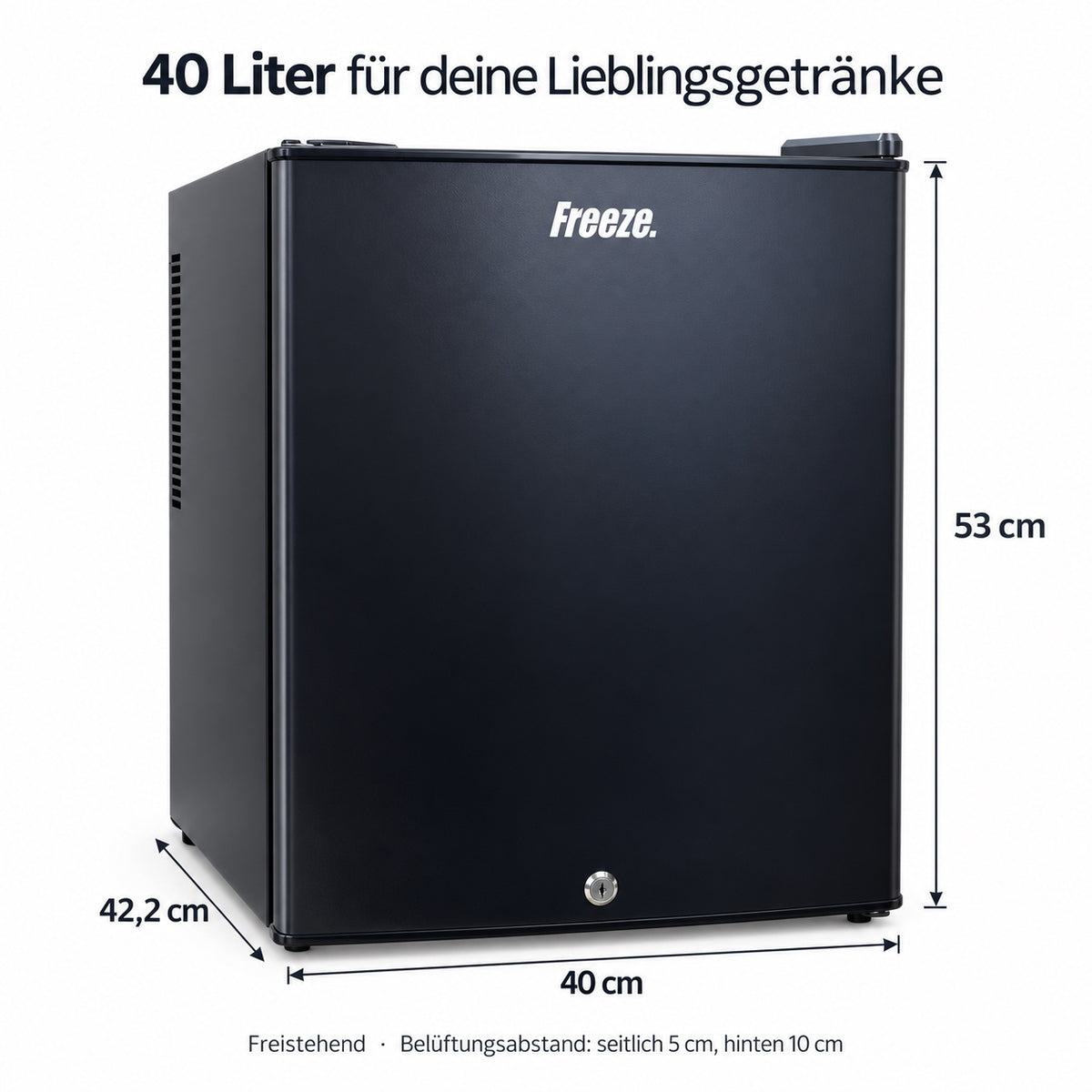 Freeze. FortySB mini fridge 40 l, completely silent, lockable minibar with solid door, blue interior lighting, EasySwitch thermostat, 2 glass shelves and 2 door compartments, Black