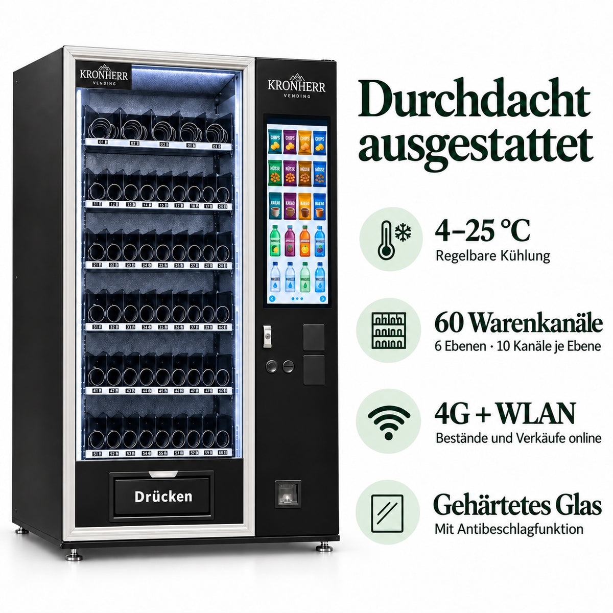 KRONHERR VENDING AF-CSC-60C(V22)-GS Verkaufsautomat mit Kühlung, 60 Warenkanälen, 21,5-Zoll-Touchscreen, 4G und WLAN
