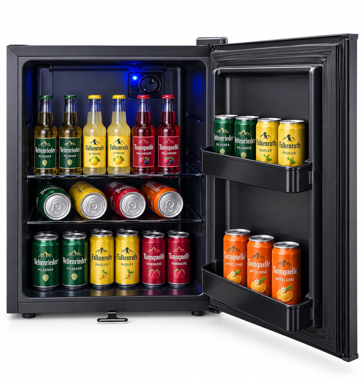 Freeze. FortySB mini fridge 40 l, completely silent, lockable minibar with solid door, blue interior lighting, EasySwitch thermostat, 2 glass shelves and 2 door compartments, Black