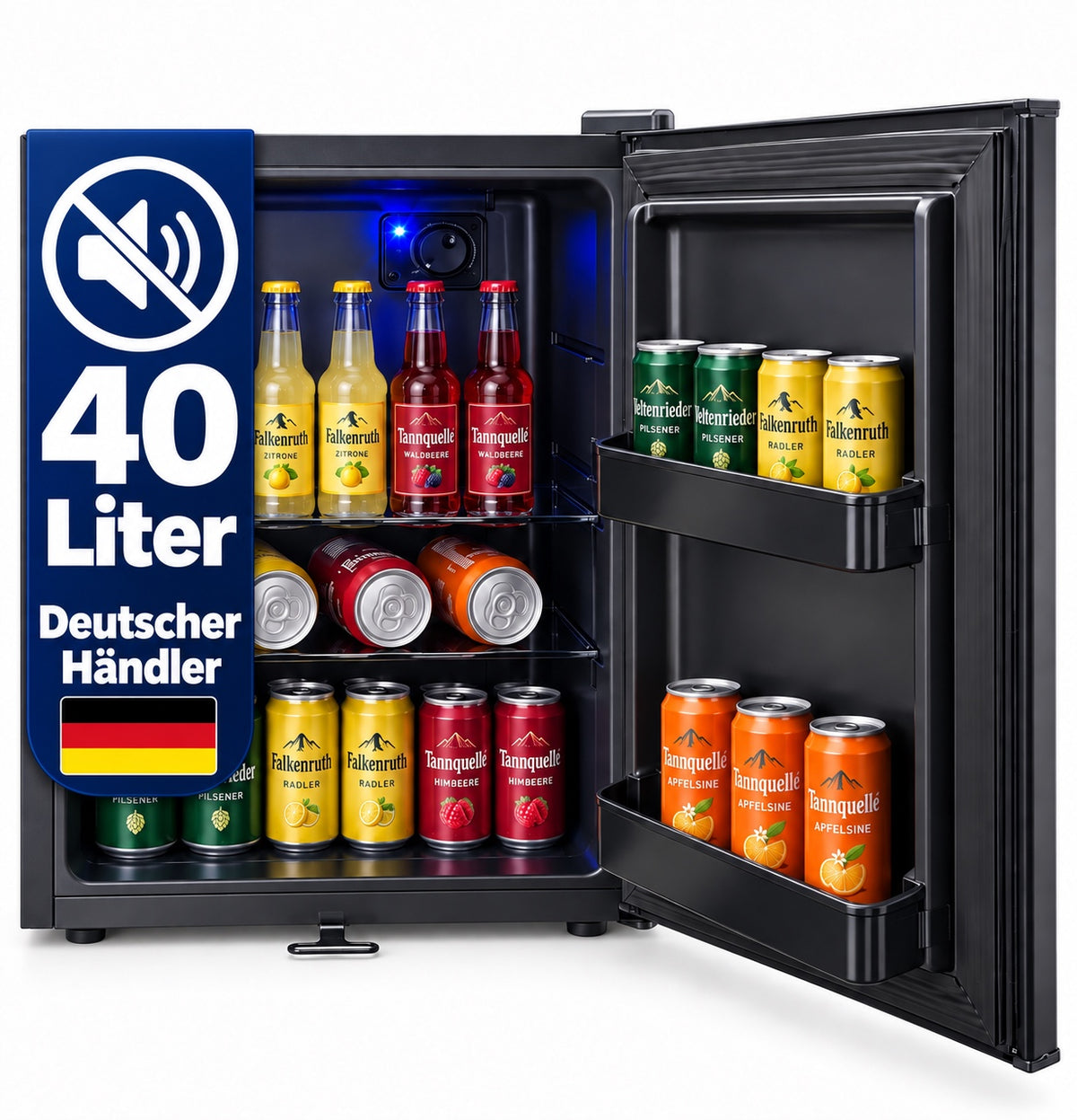 Freeze. FortySB mini fridge 40 l, completely silent, lockable minibar with solid door, blue interior lighting, EasySwitch thermostat, 2 glass shelves and 2 door compartments, Black