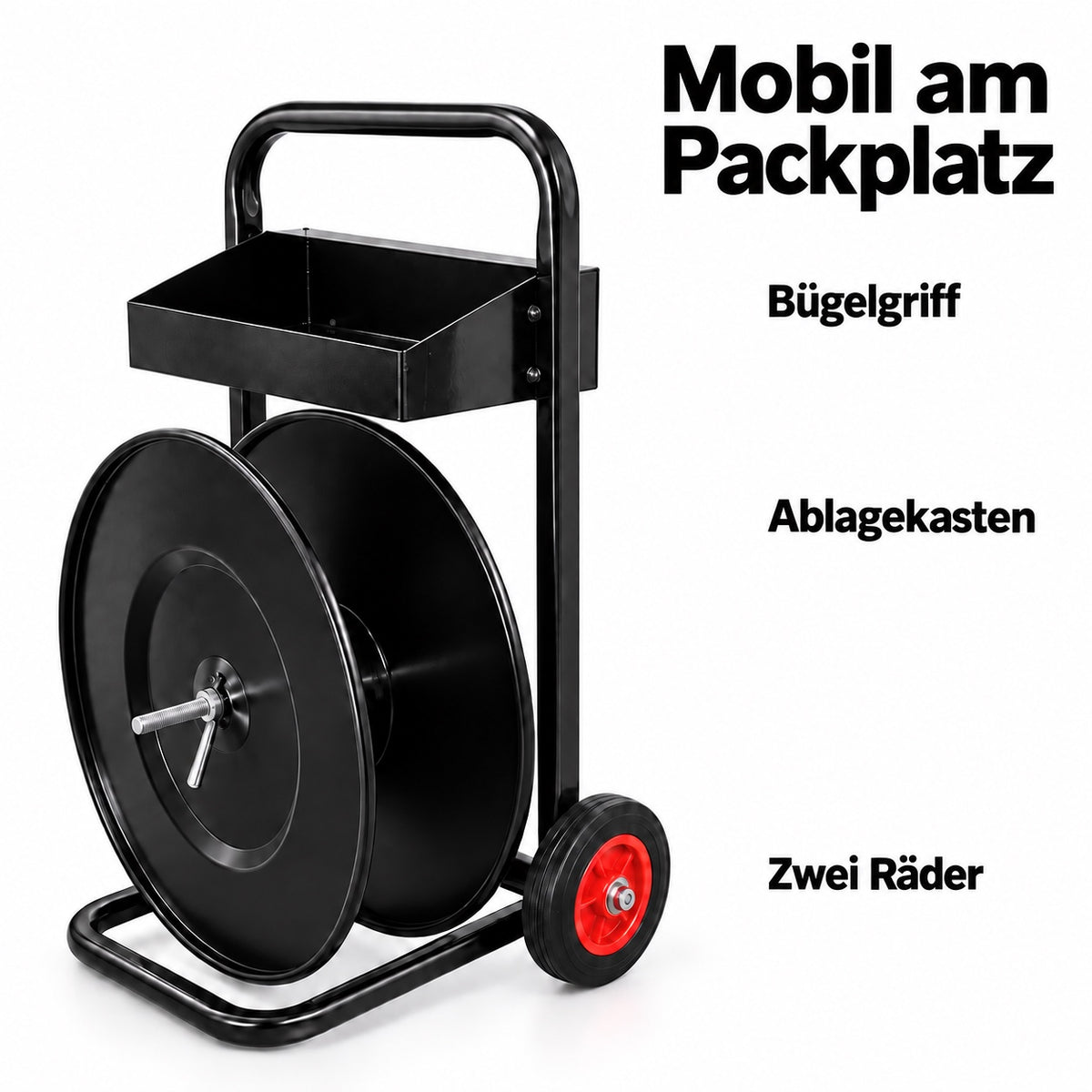 LastWerk Abrollwagen für Umreifungsband, 200/400 mm Kerne, mit Ablagekasten, Bügelgriff und Rädern für Lager und Versand