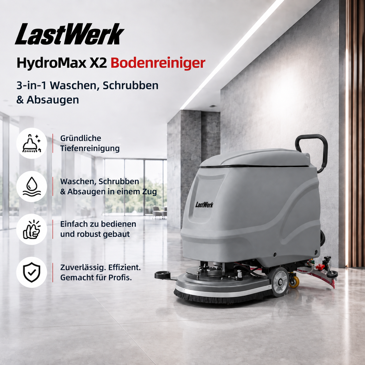 LastWerk HydroMax X2 Scrubber Dryer, 3-in-1 Scrubbing, Cleaning and Vacuuming, 55 L Clean Water and 60 L Recovery Tanks, 24 V/103 Ah Battery, 550 W Brush and Vacuum Motors, up to 3,000 m²/h, Grey