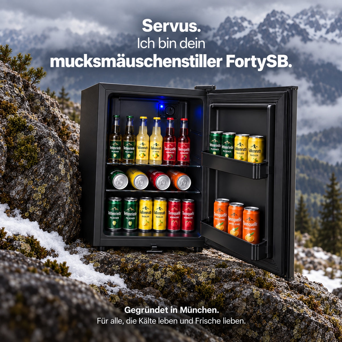 Freeze. FortySB mini fridge 40 l, completely silent, lockable minibar with solid door, blue interior lighting, EasySwitch thermostat, 2 glass shelves and 2 door compartments, Black