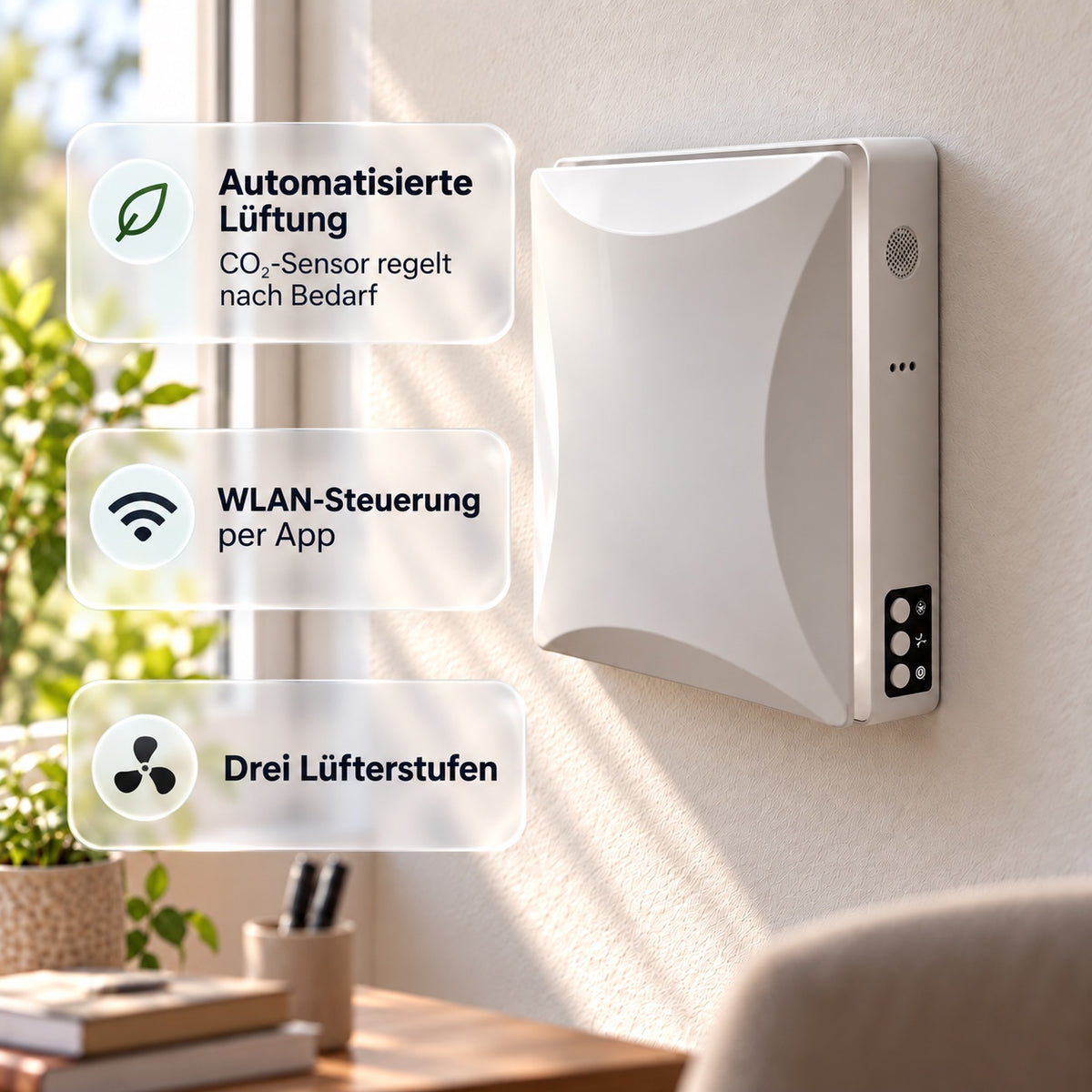 LastWerk AirReactor Ultra C dezentrale Lüftungsanlage mit Wärmerückgewinnung – CO₂-Sensor, WLAN-App, F7 + G1-Doppelfilterpatrone, KeramikPlus, bis 50 m³/h, Energieklasse A+