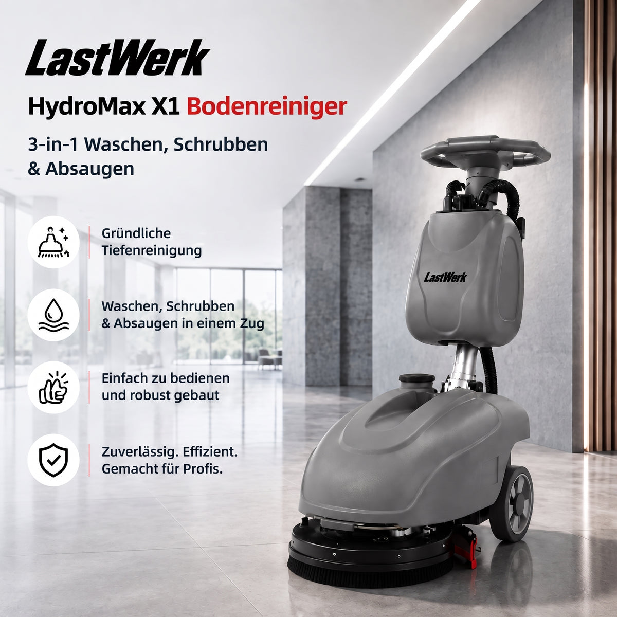 LastWerk HydroMax X1 Scrubber Dryer, 3-in-1 Scrubbing, Cleaning and Vacuuming, 10 L Clean Water and 15 L Recovery Tanks, 24 V/32 Ah Battery, 300 W Brush Motor, 400 W Vacuum Motor, up to 1,350 m²/h, Grey
